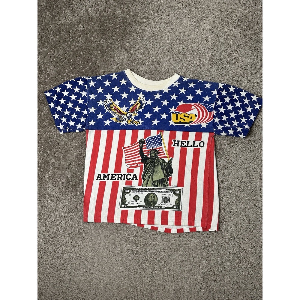 Vintage 80s Tshirt American Flag All Over Print Sportswear USA Dollar ,‎ Size M